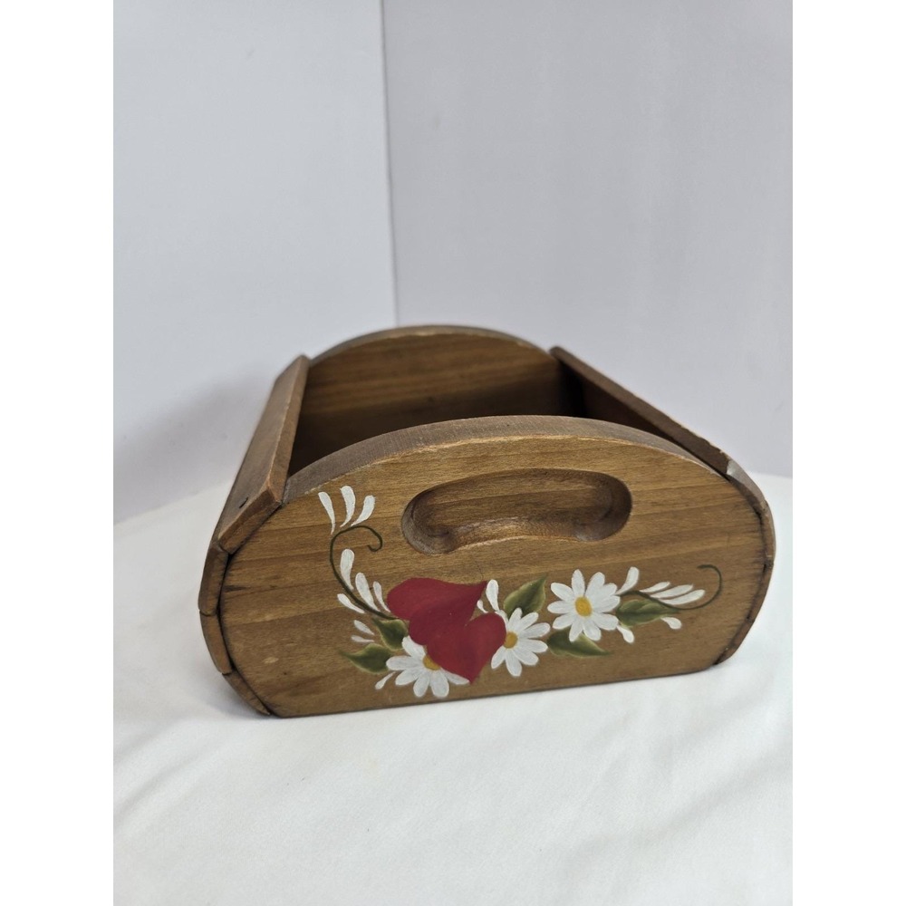 Vintage Hand Painted Wood Napkin Holder Folk Art Hearts Daisies Country Decor